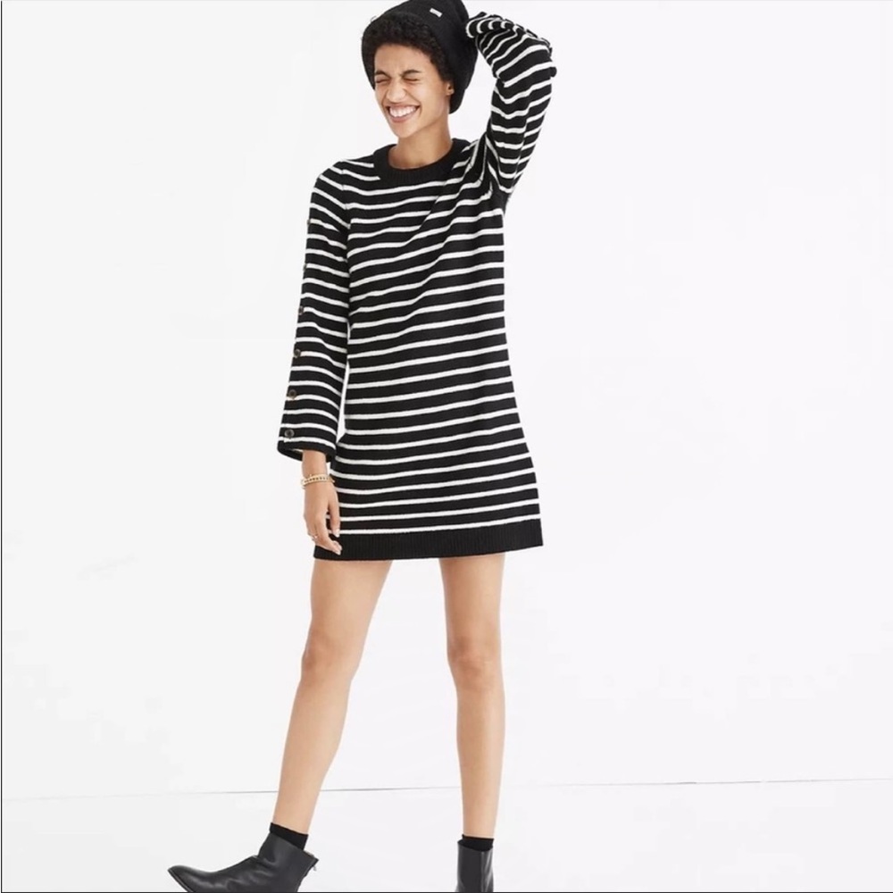 Madewell Merino Wool Button‎ Sleeve Sweater Dress in Stripe Size Medium